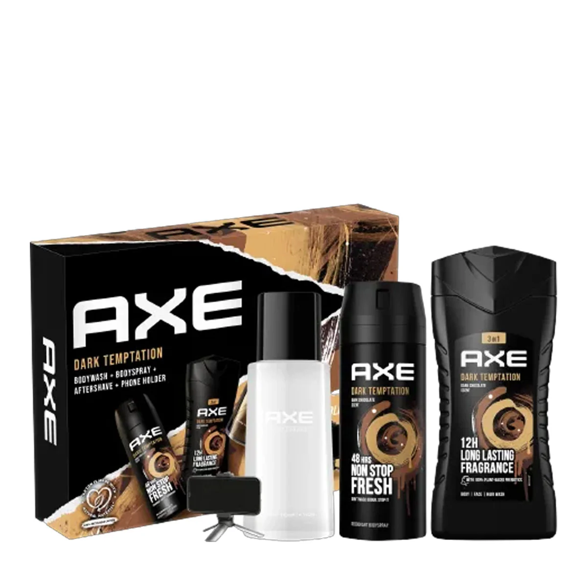 AXE darčeková kazeta Dark Temptation (AXE sprchový gél Dark Temptation 250ml + AXE deodorant v spreji Dark Temptation 150ml + AXE voda po holení Dark Temptation 100ml + držiak na mobil)