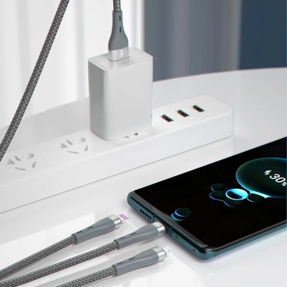 Dudao L20X 3in1 kábel USB - Lightning / microUSB / USB-C 65W 1.2m, siv ý