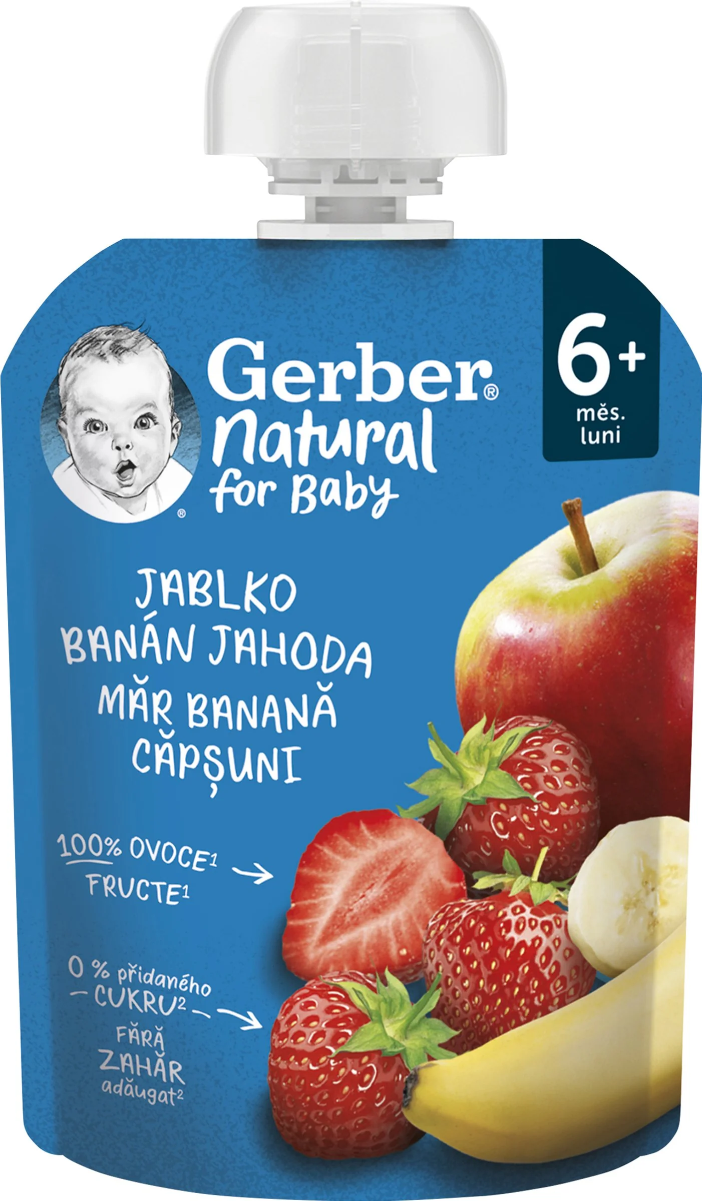 Gerber Natural Kapsička Jablko, banán a jahoda; ovocná desiata (od ukonč. 6. mesiaca)