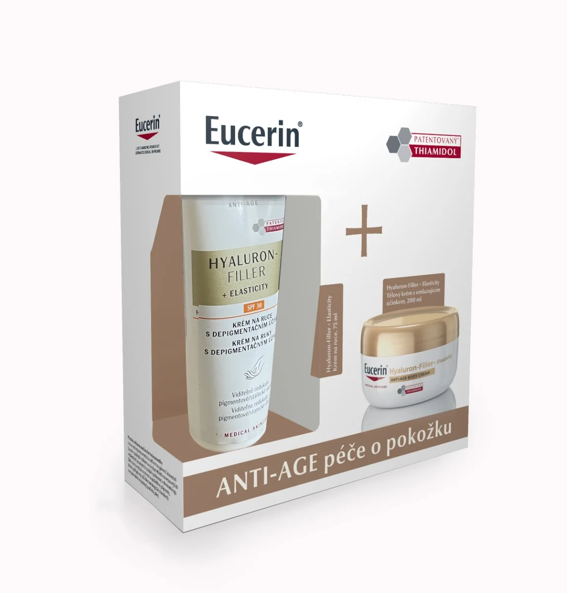 Eucerin kazeta HYALURON-FILLER + ELASTICITY Krém na ruky + Telový krém s omladzujúcim účinkom 1×1 set, darčekové balenie