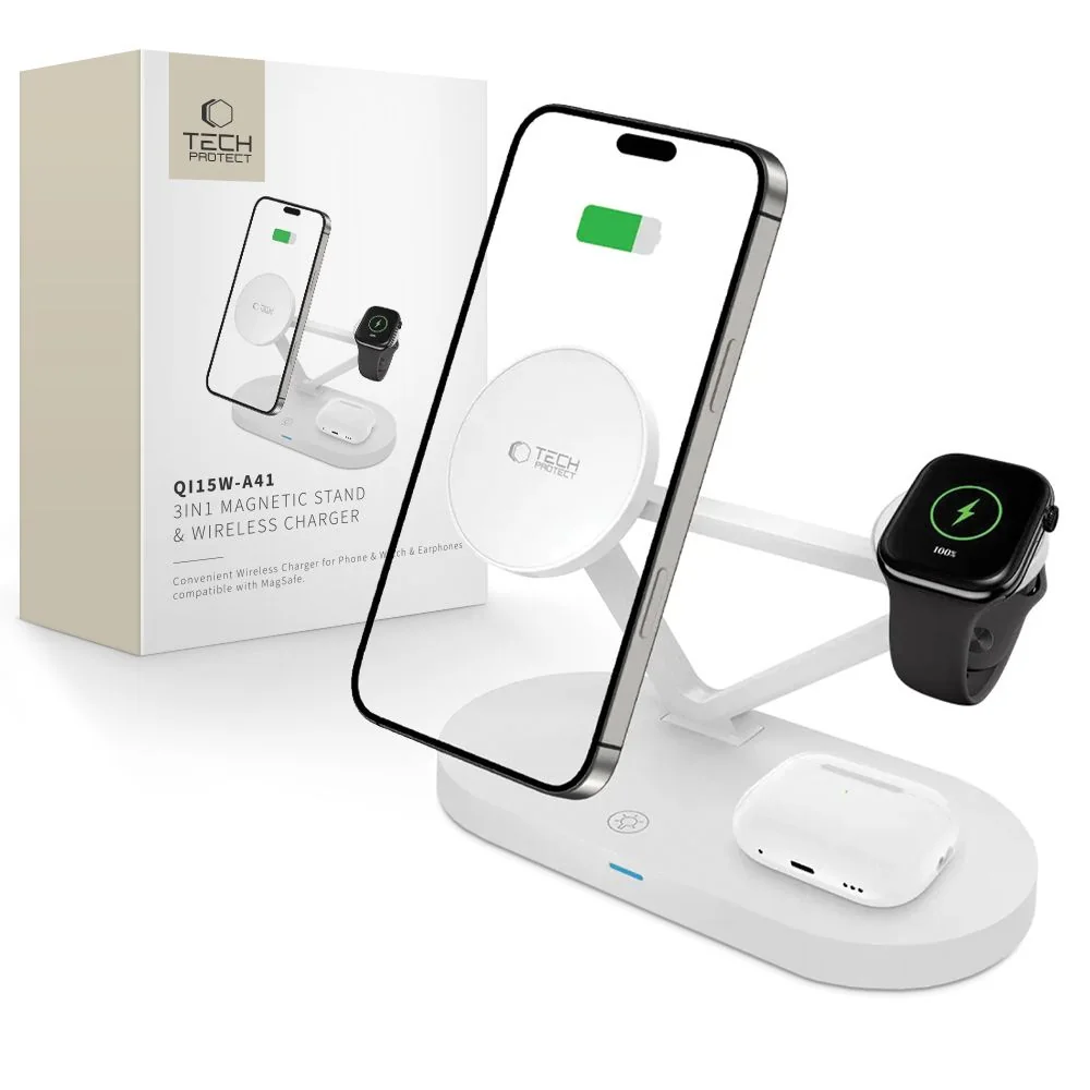 Tech-Protect A41 3in1 nabíjačka na mobil / Apple Watch / AirPods 15W, biela