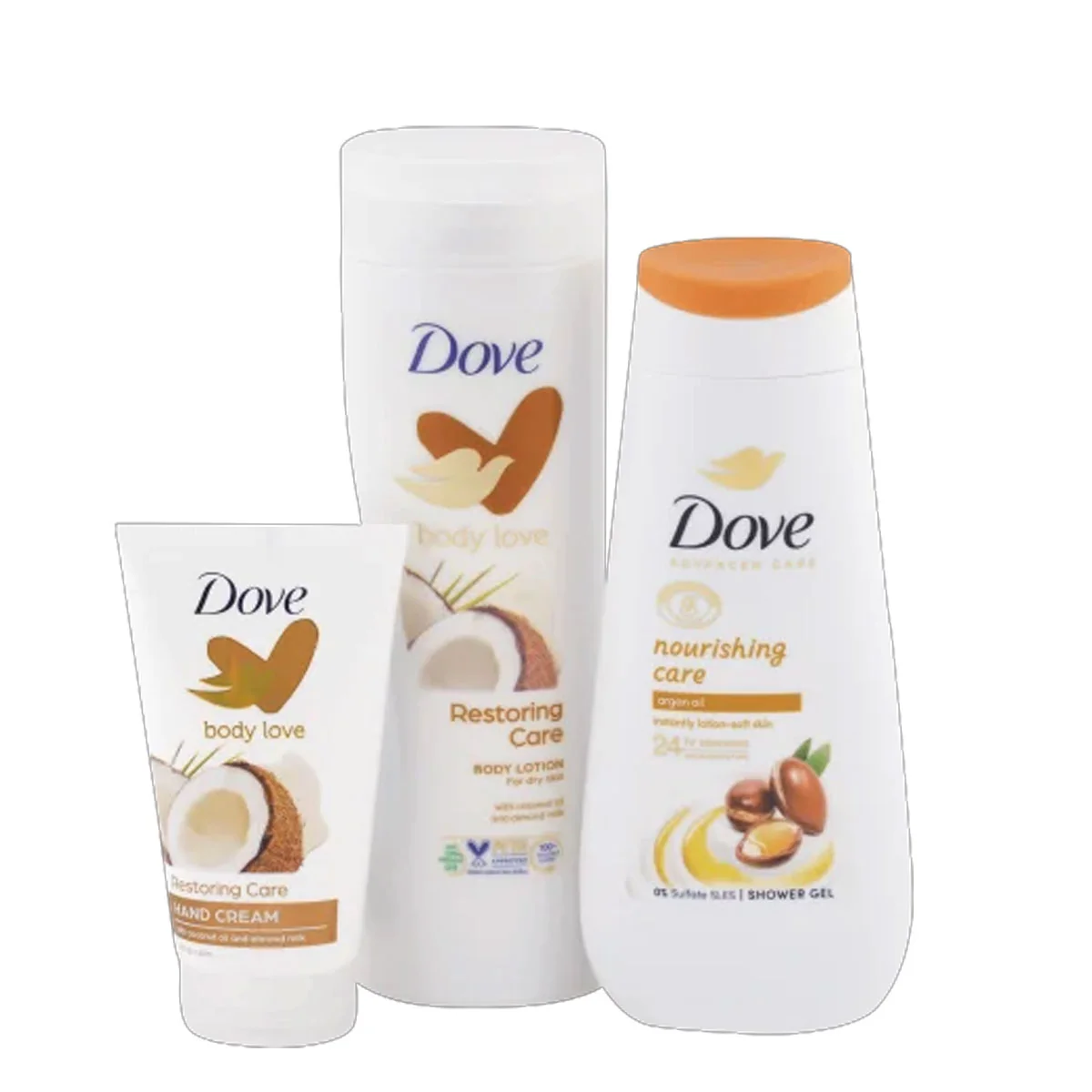 DOVE darčeková kazeta Pamper (Dove sprchový gél Restoring care 250ml + telové mlieko Nourishing care 250ml + krém na ruky Restoring care 75ml)