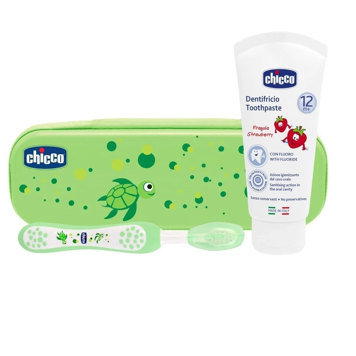 Chicco Set zubná kefka s púzdrom + pasta, od 12 m, zelená