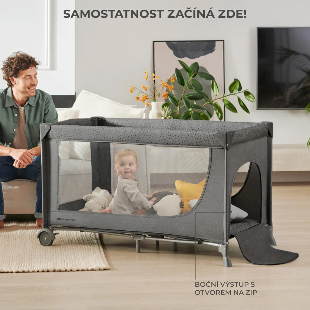 KINDERKRAFT Postieľka cestovná Joy 2 Dark grey 1×1 ks, cestovná postieľka