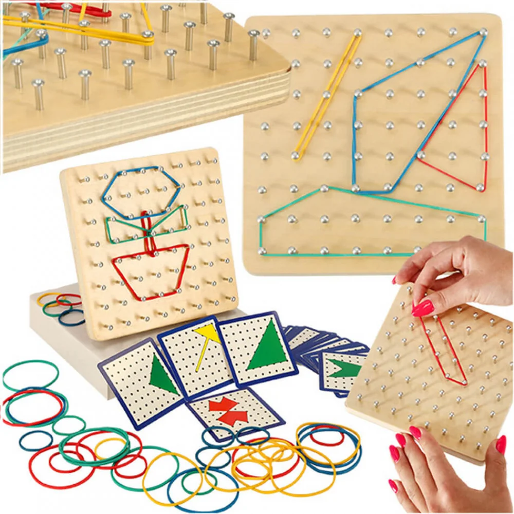 Drevené Puzzle Geoboard - Geoboard Drevené Puzzle s Gumičkami pre Tvorbu Tvarov 