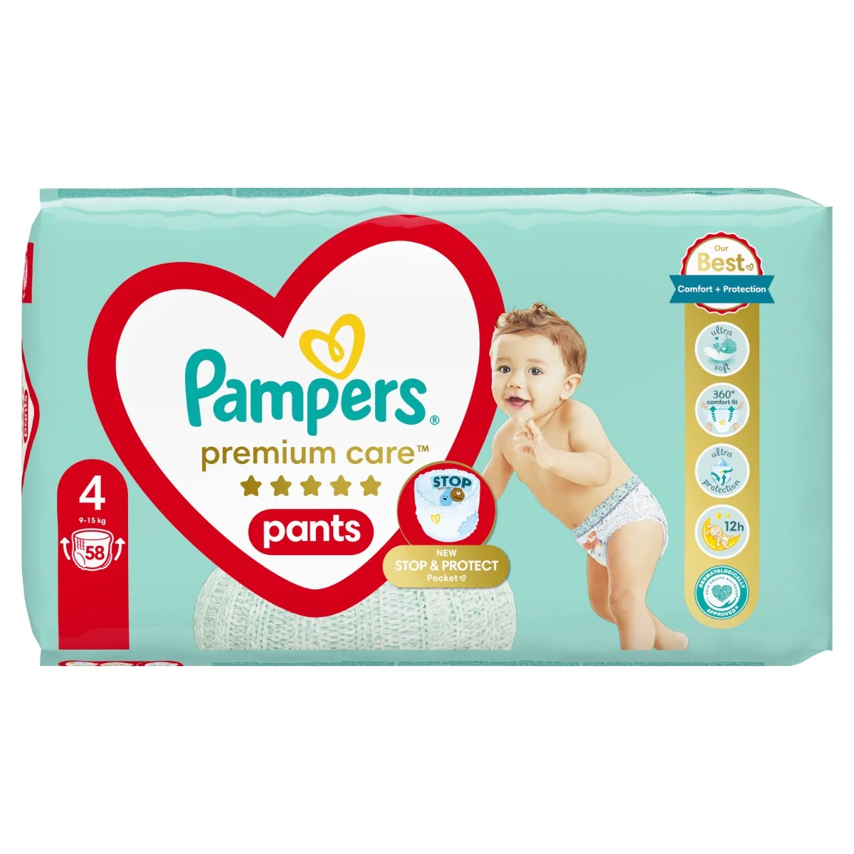 Pampers Premium Care plienkové nohavičky veľkosť 4, 58 ks, 9kg-15kg 1×58 ks, plienkové nohavičky