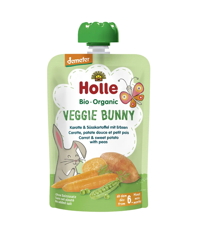 HOLLE Veggie Bunny Bio pyré mrkva, sladké zemiaky a hrášok, 100 g (6 m+)