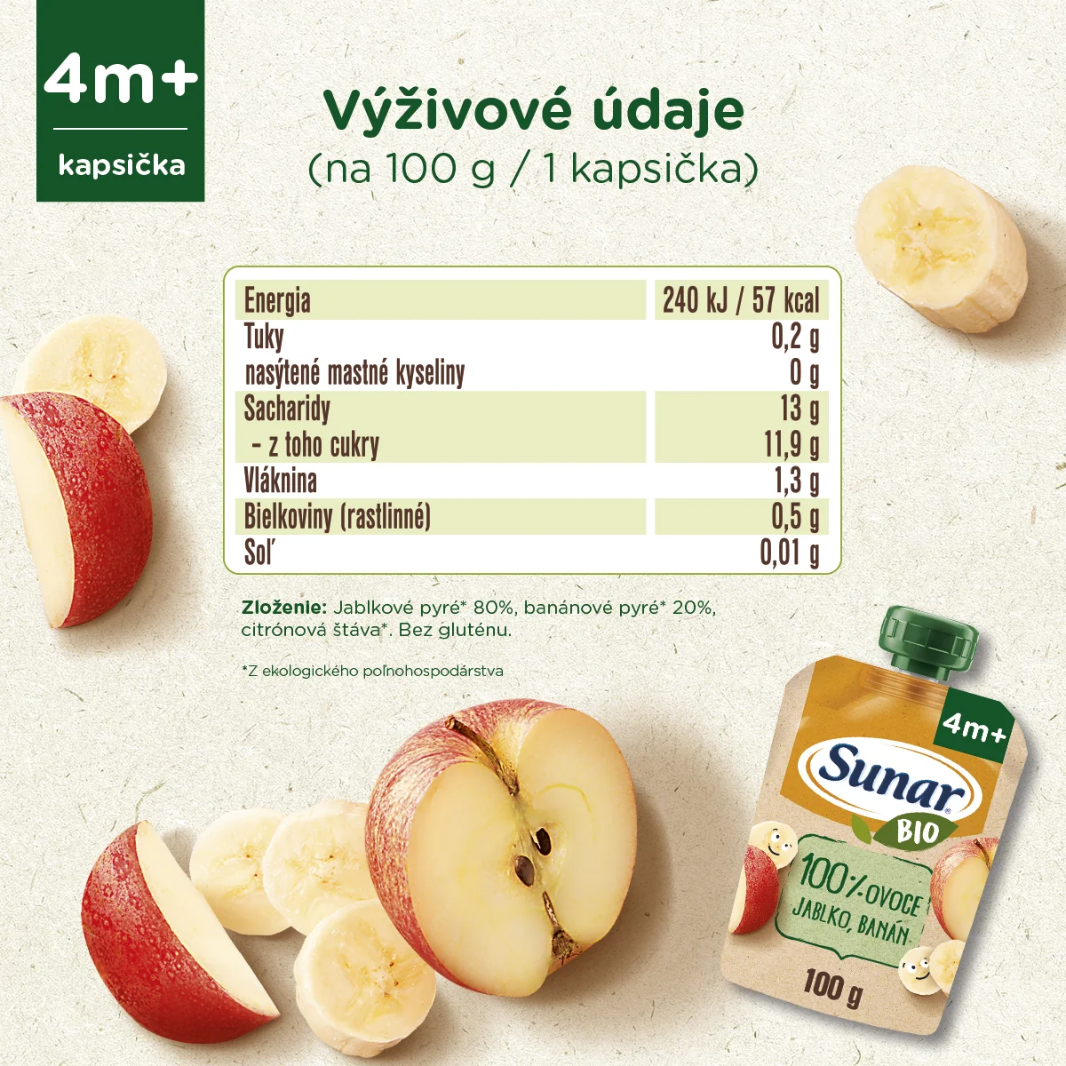 Sunar BIO Kapsička Jablko, banán 1×100 g, ovocný príkrm (100% ovocia), 4m+