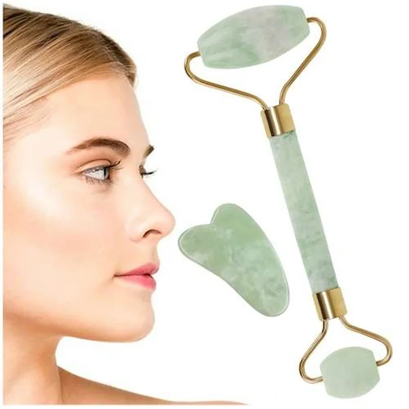 MG Jade Roller masážny valček na tvár + Gua Sha, zelený 