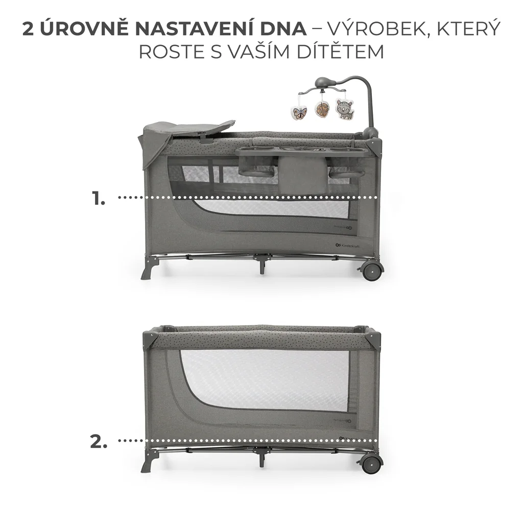 KINDERKRAFT Postieľka cestovná Joy 2 s doplnkami Dark grey 1×1 ks, cestovná postieľka