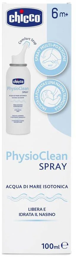 CHICCO Sprej do nosa izotonický s morskou vodou PhysioClean na hygienu nosa 100ml, 6m+ 1×100 ml, sprej do nosa