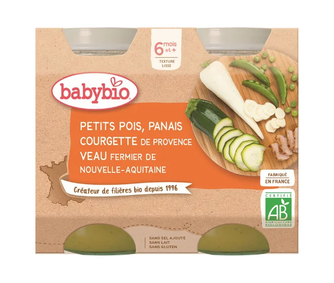 BABYBIO Menu hrášok a paštrnák s cuketou a teľacím mäsom (2x 200 g)