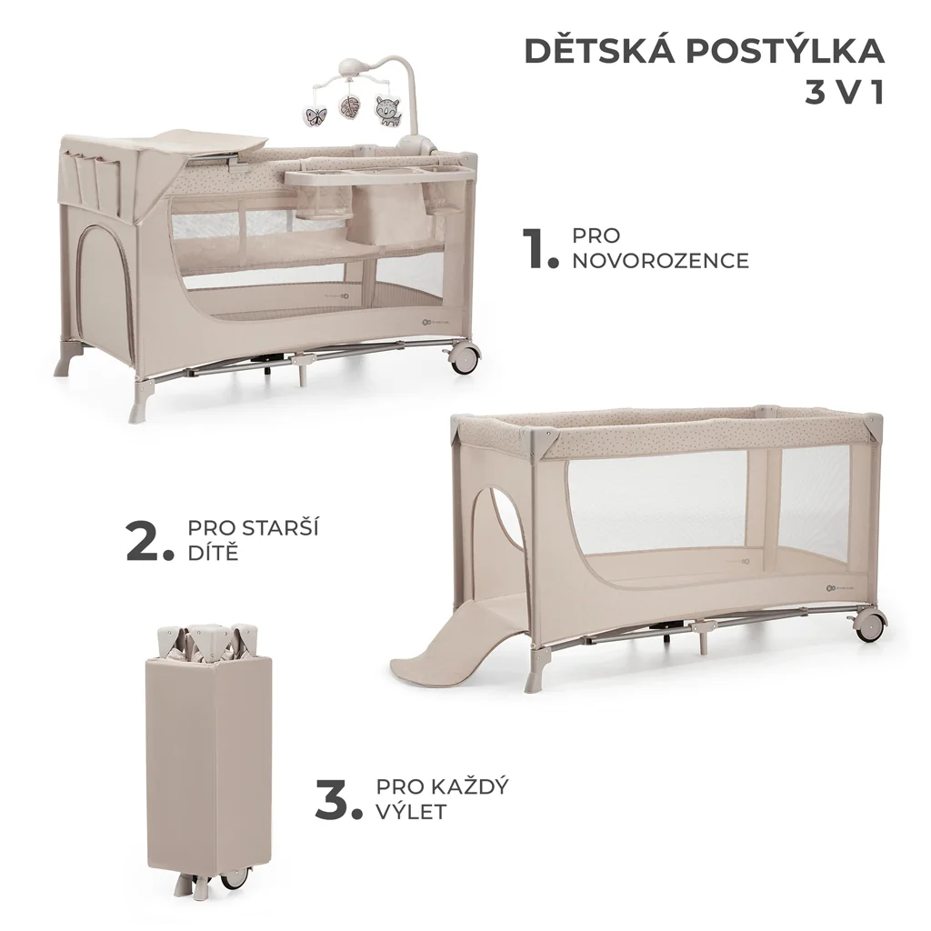 KINDERKRAFT Postieľka cestovná Joy 2 s doplnkami Beige 1×1 ks, cestovná postieľka