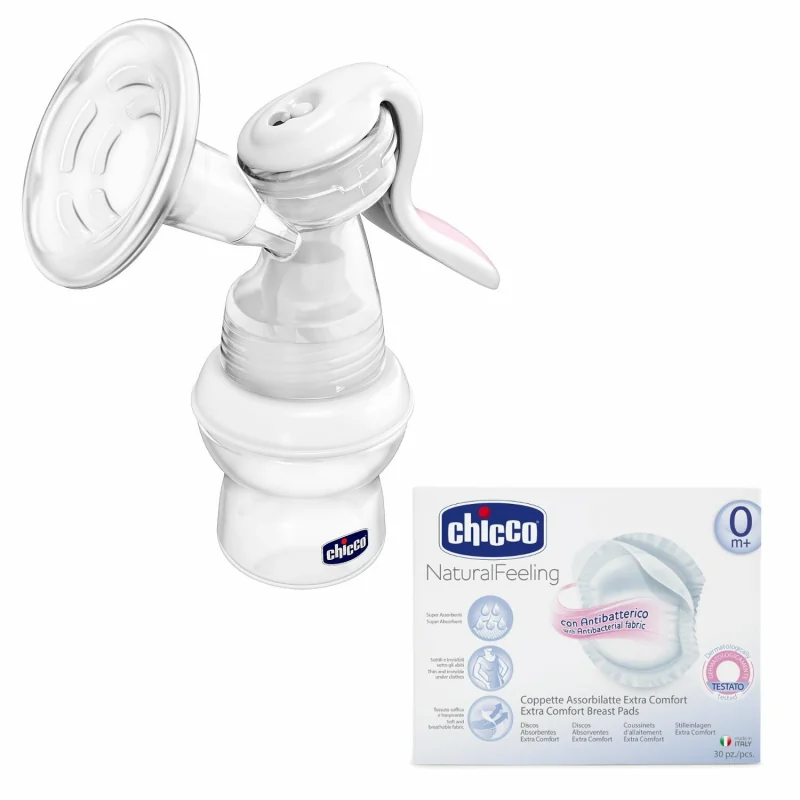 Chicco Naturalfeeling & Extra comfort, Manuálna odsávačka mlieka a prsné vložky 60ks 