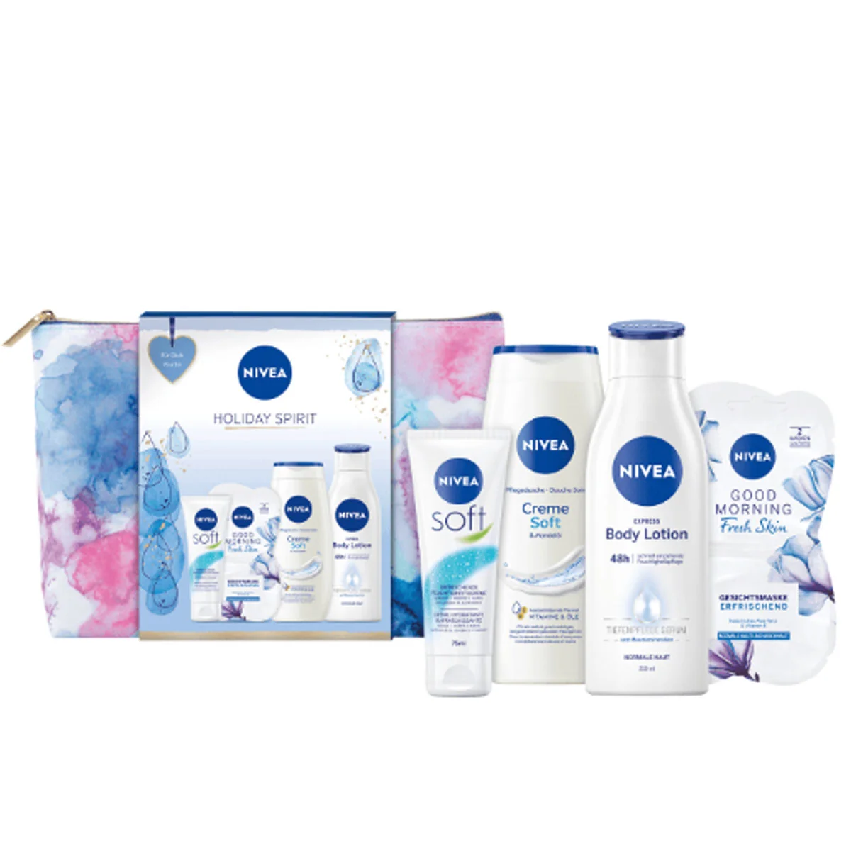 NIVEA darčeková kazeta Holiday Spirit (Nivea pleťová maska Visage Morninig Fresh Skin 2x7,5ml + Nivea telové mlieko Express 250ml + Nivea sprchový gél Soft 250ml + Nivea krém na ruky 75ml)