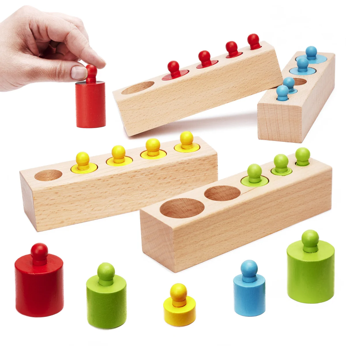 Pomôcka edukačná Montessori farebné drevené valce KNOBBED CYLINDER 36M+ 