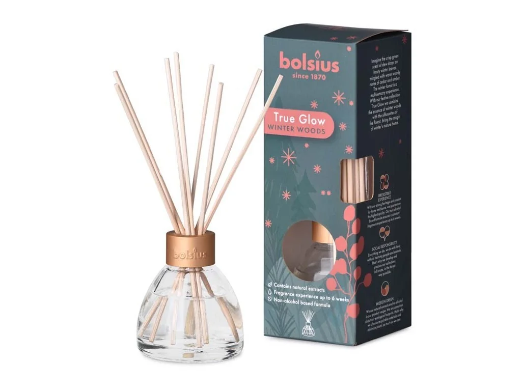 Bolsius True Glow Diffuser 45ml Winterwoods, vonná stébla