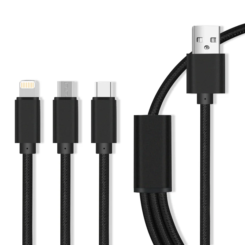 Maxlife Nylonový kábel 3v1 Micro USB / Type-C / for iPhone 8-PIN Fast Charge cable 2.1A, čierny