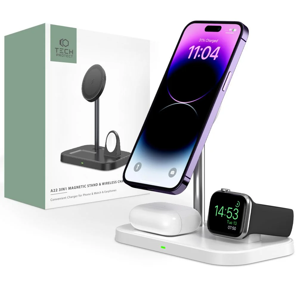 Tech-Protect A22 3in1 bezdrôtová nabíjačka na mobil / AirPods / Apple Watch, biela