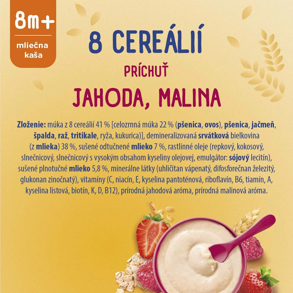 Sunar mliečna kaša 8 cereálií príchuť jahoda, malina 1×210 g, instantná, obilno-mliečna kaša, od ukončeného 8. mesiaca