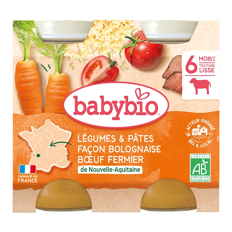 BABYBIO Zelenina s cestovinami na bolonský spôsob s hovädzím (2x 200 g)