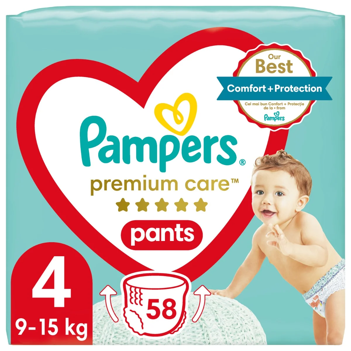 Pampers Premium Care plienkové nohavičky veľkosť 4, 58 ks, 9kg-15kg 1×58 ks, plienkové nohavičky