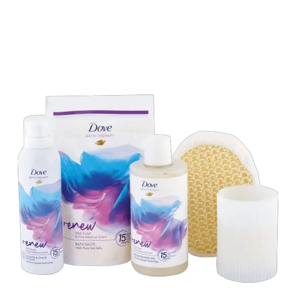 DOVE darčeková kazeta Bath Therapy (Dove sprchový gél Bath Therapy 400ml + sprchová pena Bath Therapy 200ml + soľ do kúpeľa Bath Therapy 400g + vonná sviečka + masážna špongia)