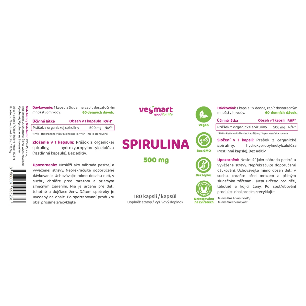 Vegmart Spirulina 500 mg, 180 kapsúl 