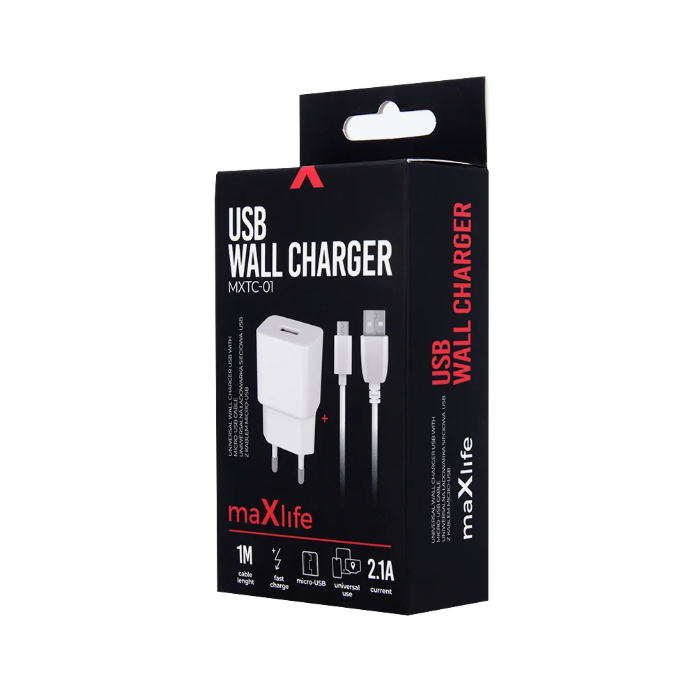 Maxlife Sieťová nabíjačka MXTC-01 USB Fast Charge 2.1A + Micro USB kábel, biela 