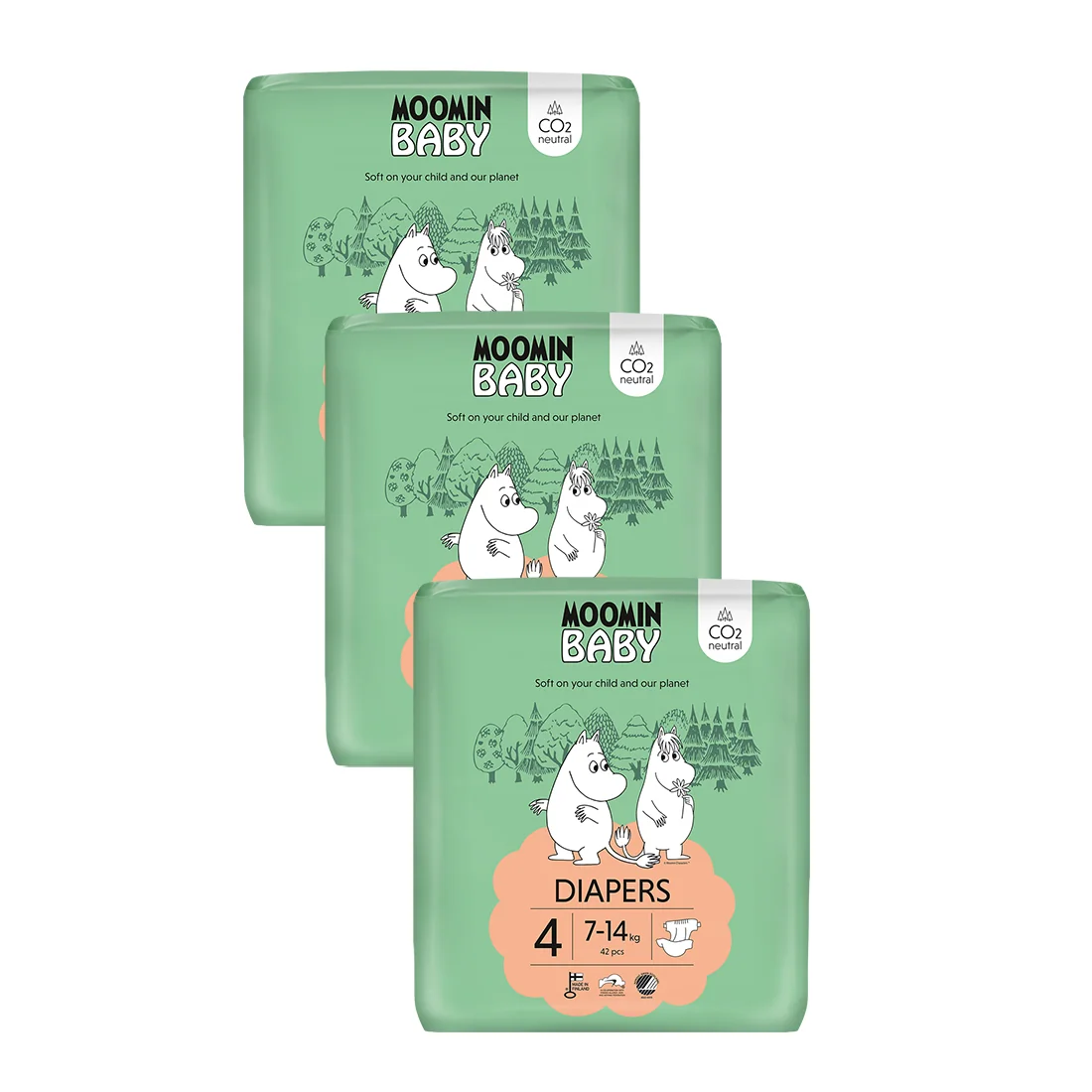 Moomin Baby 4 Maxi 7–14 kg, mesačné balenie eko plienok 1×126 ks, eko plienky