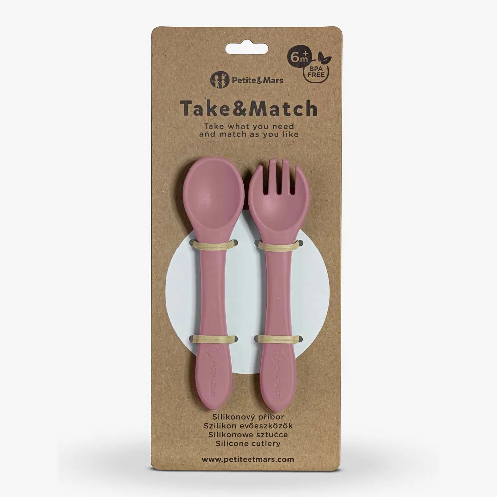 PETITE&MARS Príbor silikónový TAKE&MATCH Dusty Rose 6m+ 1×1 ks