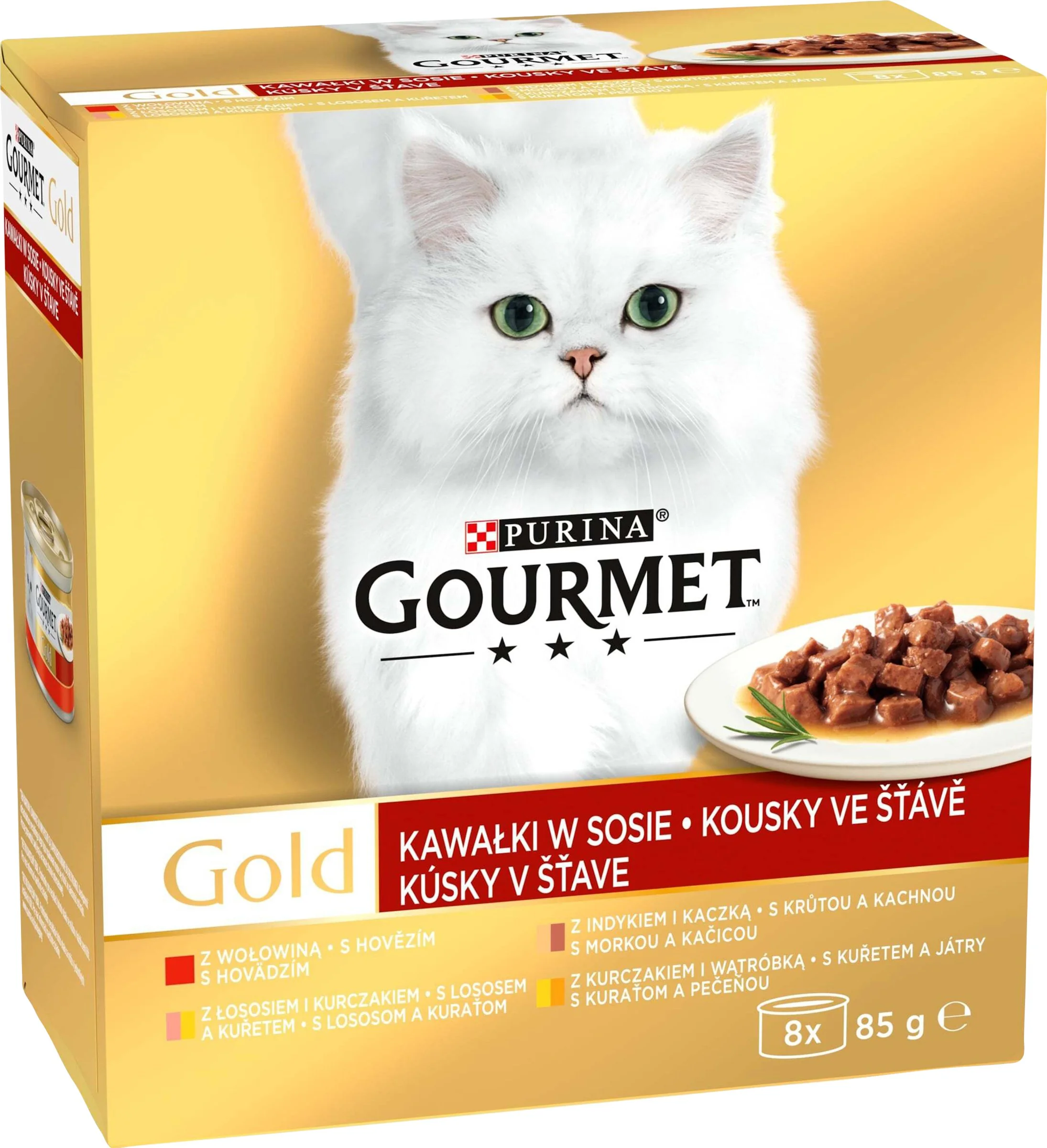 GOURMET GOLD hovädzie/morka s kačicou/losos s kuraťom/kura s pečeňou v šťave (8x85g) 1×1 ks