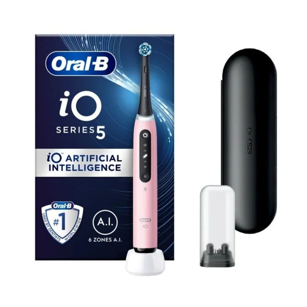 Oral B EK iO Series 5 Pink + držiak zubnej kefky + cestovné púzdro 1×1 set, elektroniícká zubná kefka