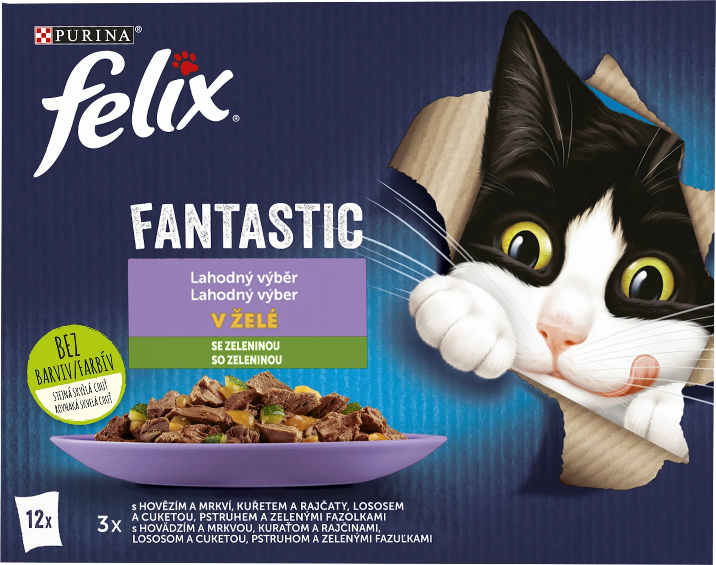 FELIX Fantastic hovädzie s mrkvou/ kura s rajčinami/ losos s cuketou/ pstruh so zel. fazuľ. v želé (12x85g) 12×85g