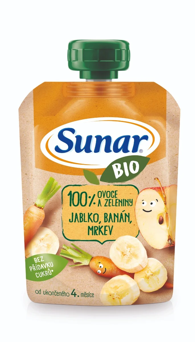 Sunar BIO Kapsička Jablko, banán, mrkva 1×100 g, príkrm (100% ovocia a zeleniny), 4m+