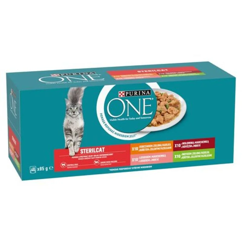 PURINA ONE STERILCAT 40x85g losos+mrkva, kura so zelenými fazuľkami, hovädzia+mrkva, morka so zelenými fazuľkami