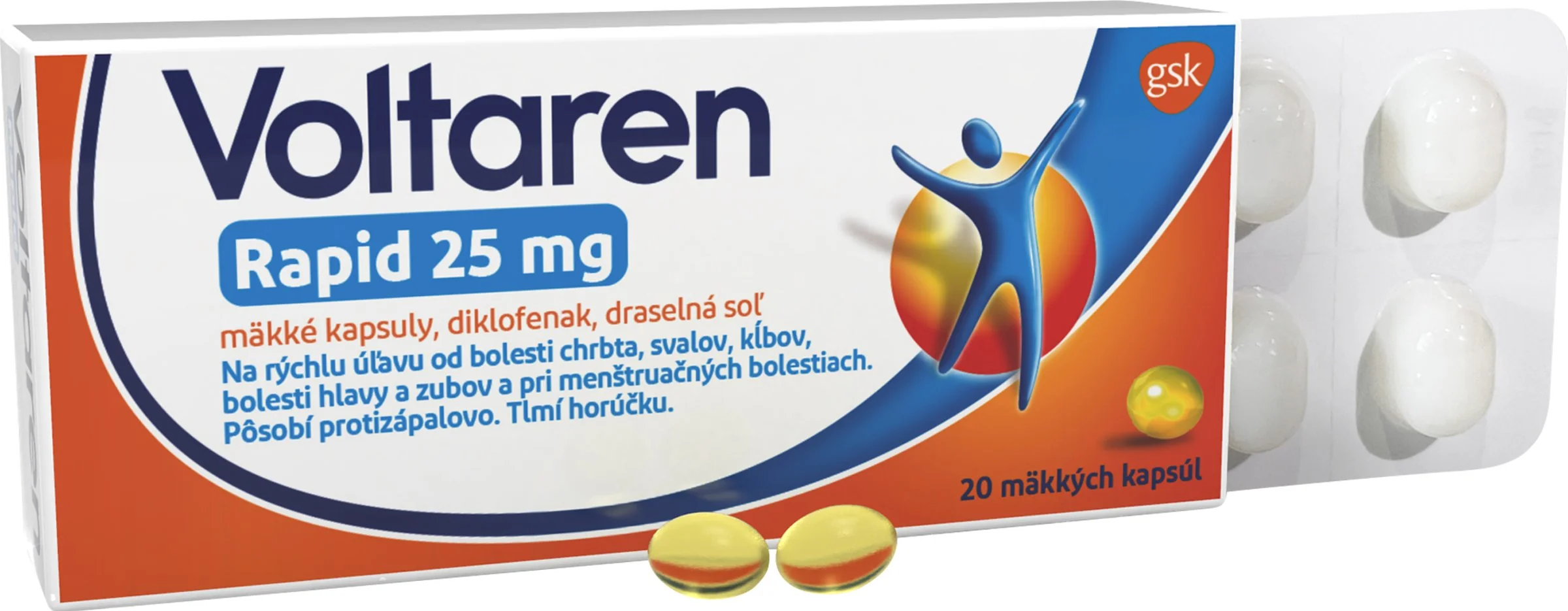 Voltaren Rapid 25 mg mäkké kapsuly 1x20 cps, rýchla uľava od bolesti s protizápalovým účinkom