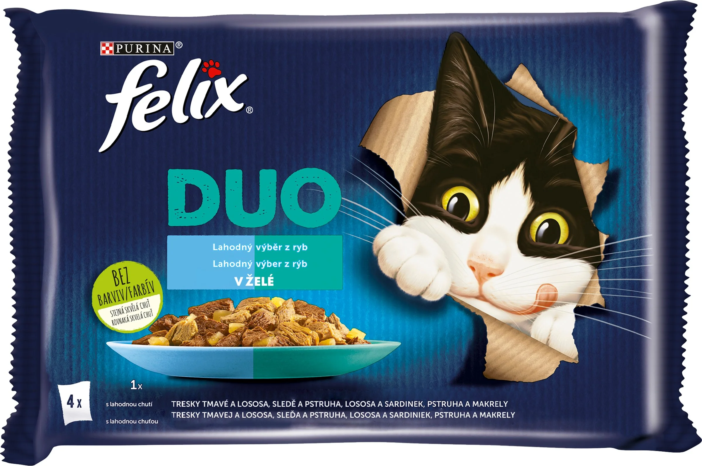 FELIX Fantastic DUO Multipack 12(4x85g) treska a losos/ losos a  sardinky/ sleď a pstruh/ pstruh a makrela