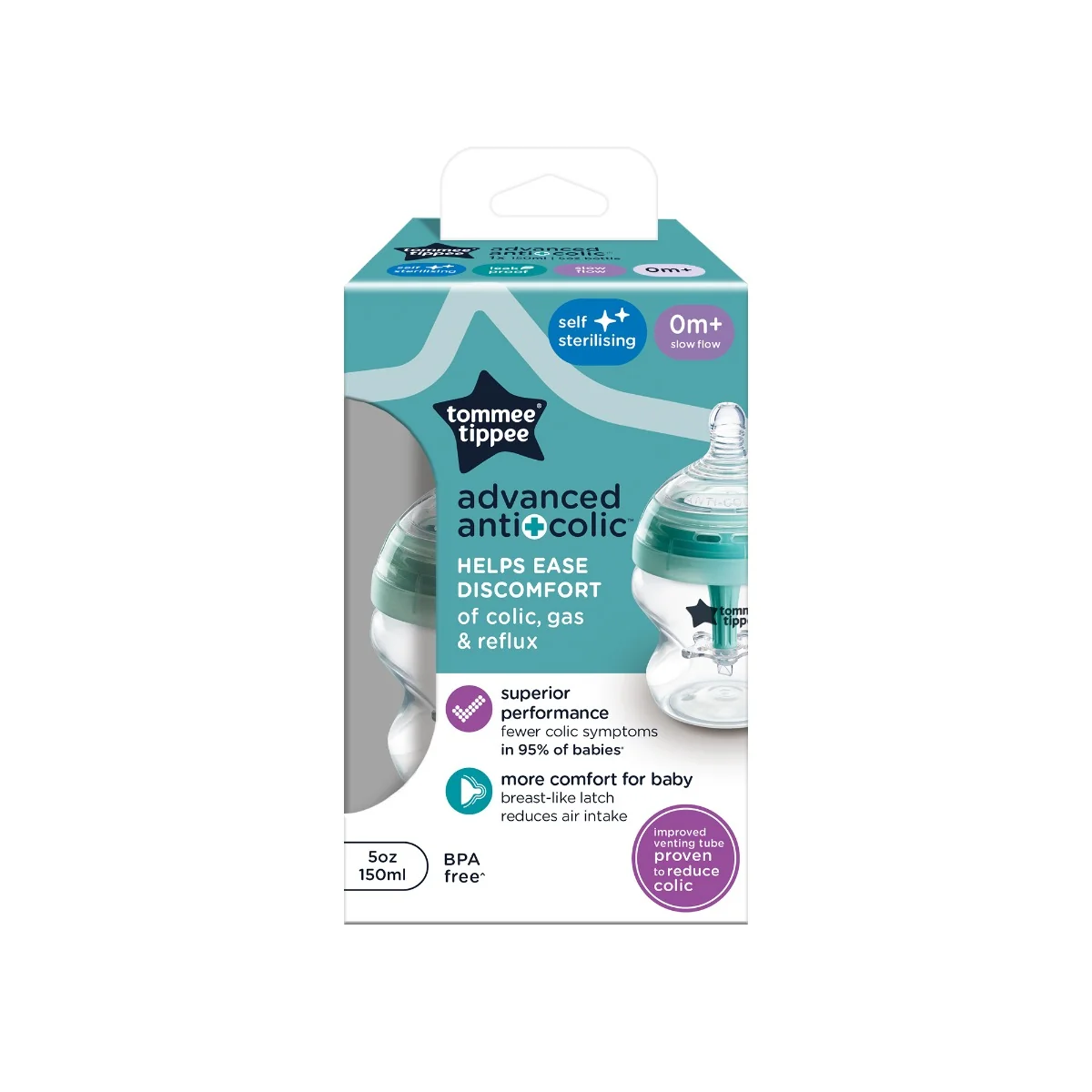 Tommee Tippee ADVANCED ANTI-COLIC Samosterilizačná Dojčenská Fľaša Pomalý Prietok 150 ml 0m+ 1×1 ks, dojčenská fľaša