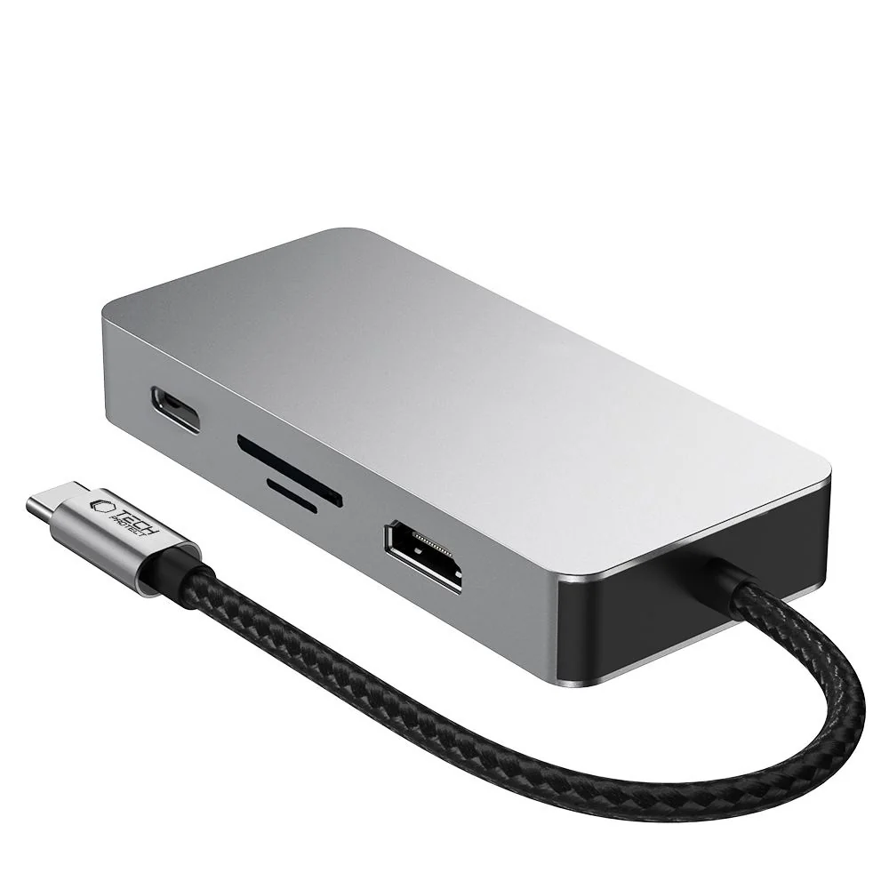 Tech-Protect HB05 HUB adaptér USB-C - 3x USB / HDMI 4K / SD / TF / USB -C 100W / RJ45, šedý