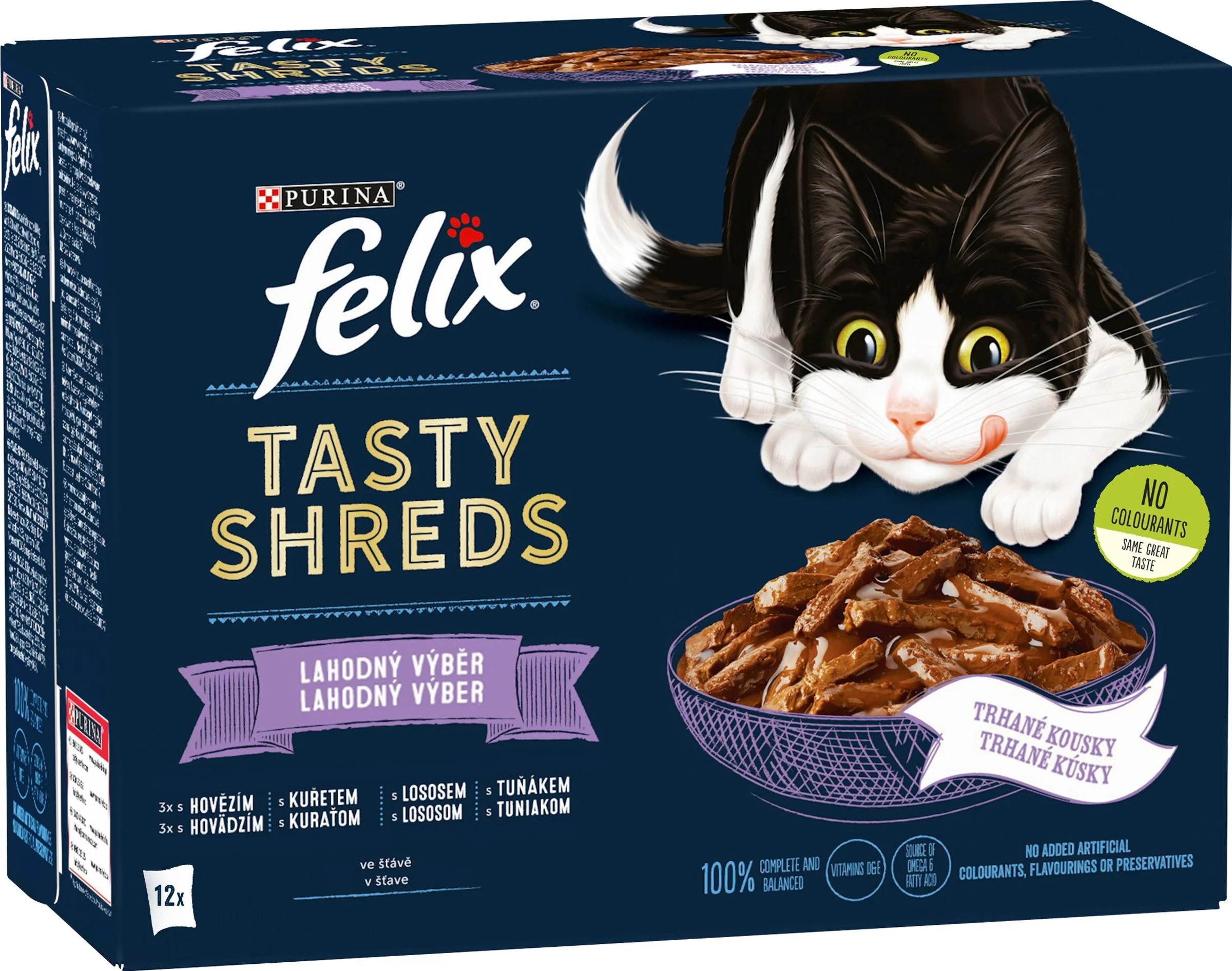 FELIX TASTY SHREDS hovädzie/kura/losos/tuniak v šťave (12x80g) 1×1 ks