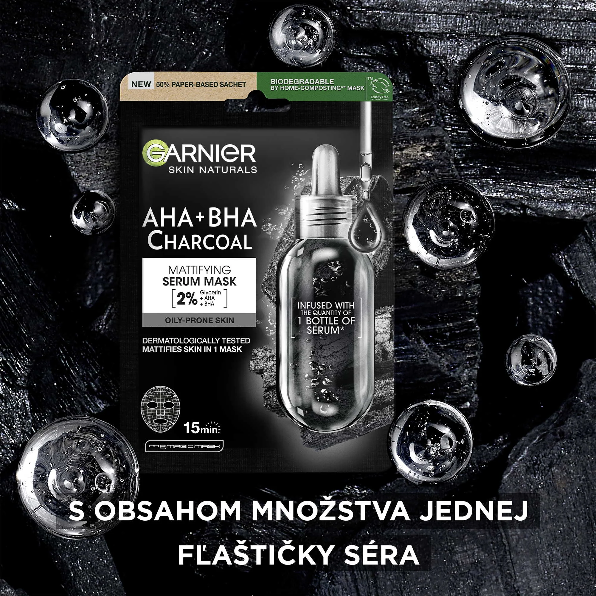 GARNIER Skin Black Mask PURE CHARCOAL Čierne riasy 1×32 g, hydratačná textilná maska s obsahom aktívneho uhlia