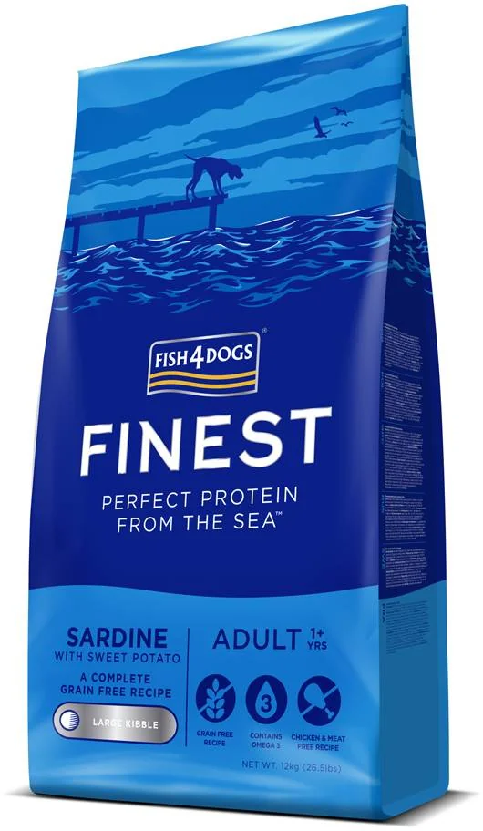 FISH4DOGS Granule veľké pre dospelých psov Finest sardínka so sladkými zemiakmi 12kg,1+ 1×12000 g, granule pre dospelé psy