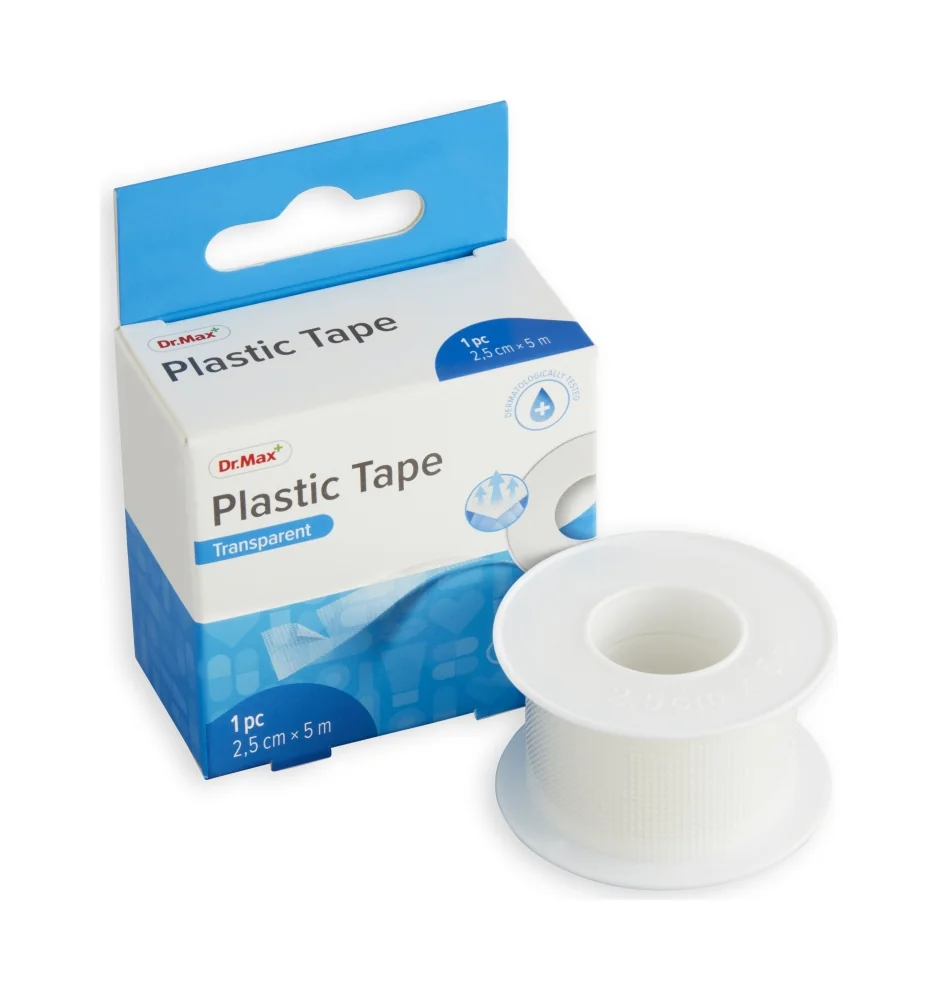 Dr. Max Plastic Tape 2,5 cm x 5 m 1×1 ks, priehľadná páska na cievke, 2,5 cm x 5 m