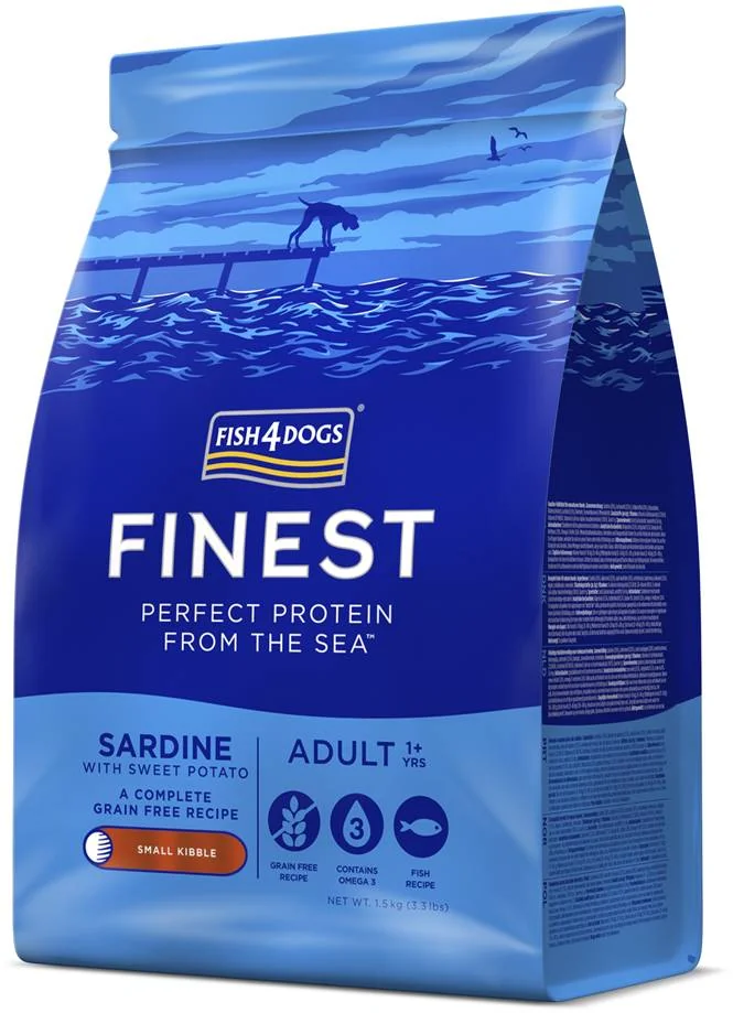 FISH4DOGS Granule malé pre dospelých psy Finest sardínka so sladkými zemiakmi 1,5kg, 1+ 1×1500 g, granule pre dospelé psy