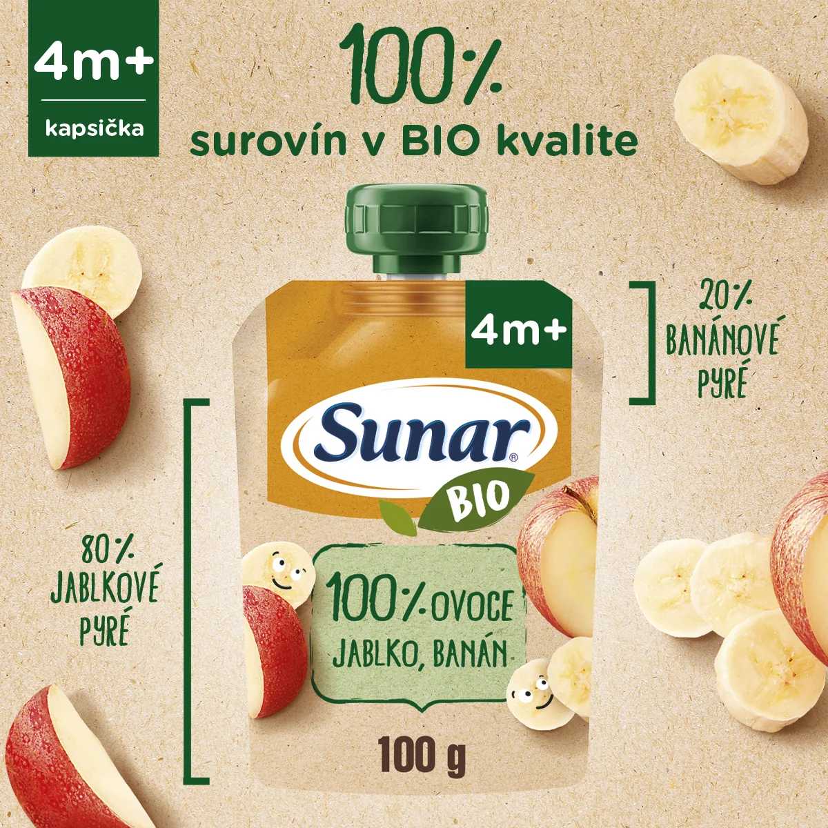 Sunar BIO Kapsička Jablko, banán 1×100 g, ovocný príkrm (100% ovocia), 4m+