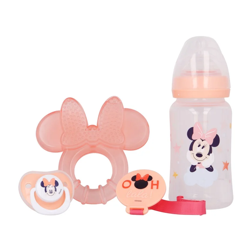 STOR - DISNEY BABY 4 dielny darčekový set  MINNIE MOUSE (fľaša, hryzátko, cumlík a držiak), 13108 