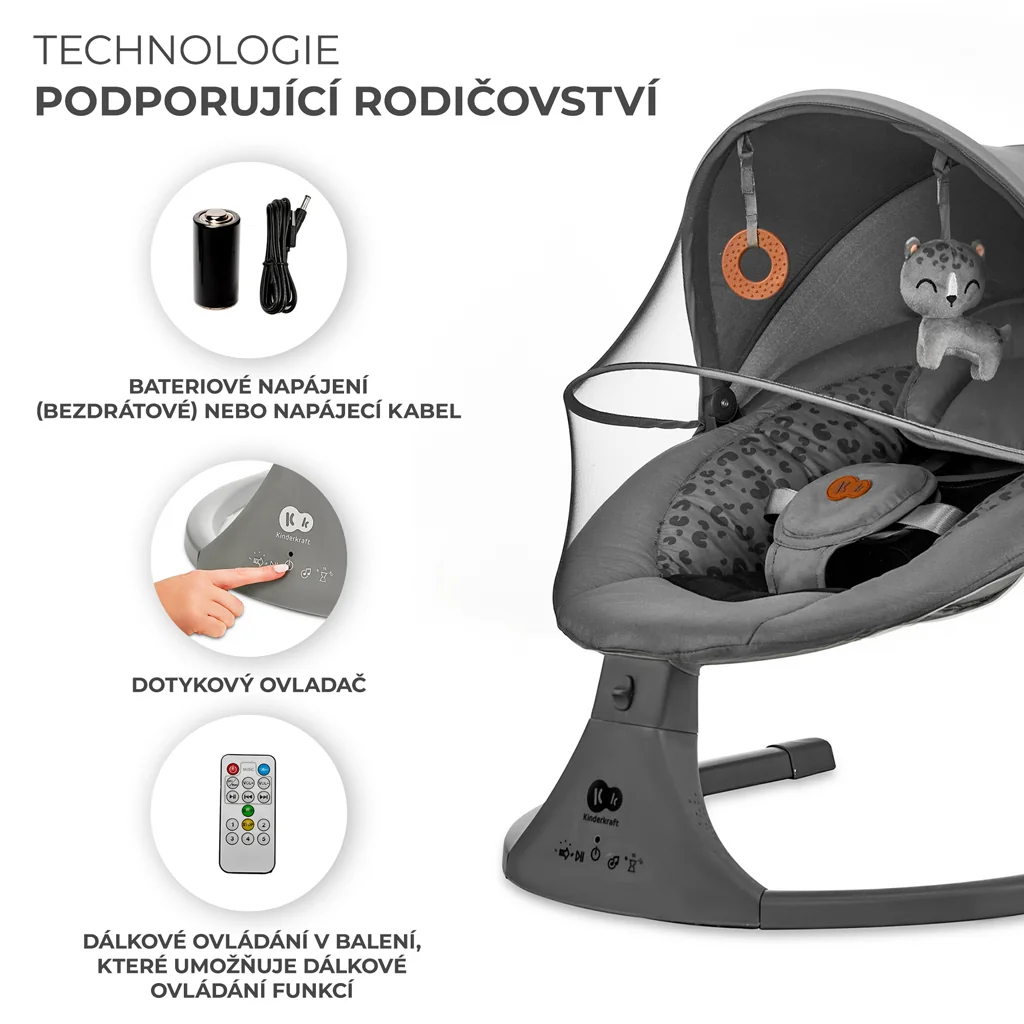 KINDERKRAFT Lehátko pohupujúce s melódiou 2v1 Lumi, do 9 kg, Premium Dark Grey 1×1 ks, lehátko