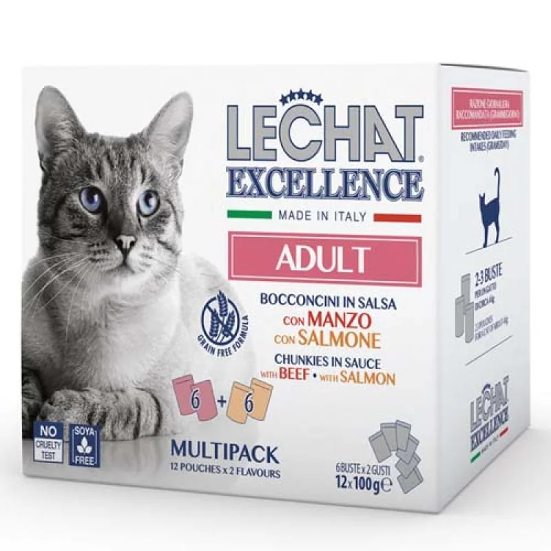 MONGE LECHAT EXCELLENCE ADULT hovädzie/losos multi pack 12x100g kapsička