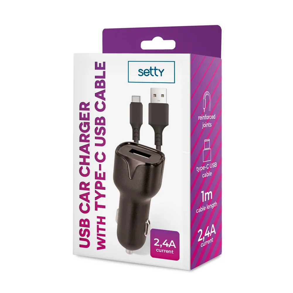 SETTY Autonabíjačka 1x USB 2,4A čierna + USB-C kábel 1,0 m (GSM108845) 